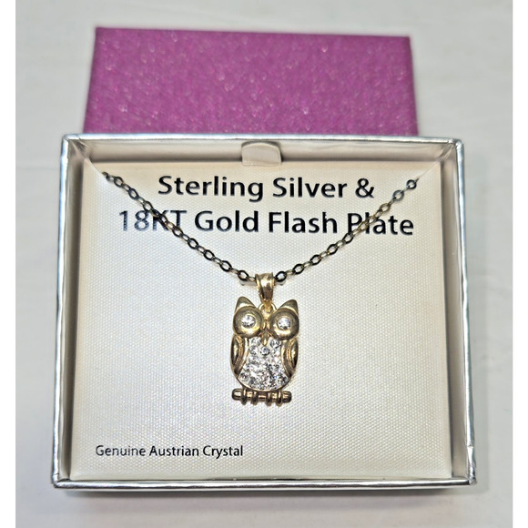 Crystal Owl Pendant and Chain 17" 925 STERLING SILVER /18KT gold Flash ZIRCONIA - Picture 1 of 6